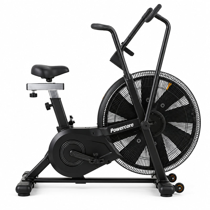 Load image into Gallery viewer, Black exercise bike with fan on a white background