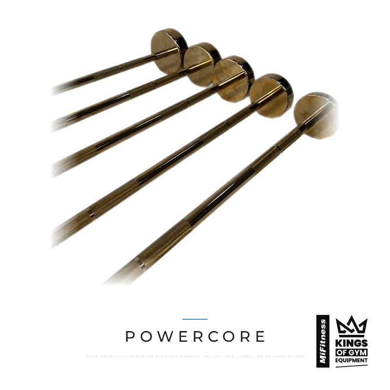 Load image into Gallery viewer, Powercore Rose Gold Electroplated Straight Barbell 5pc Set (10kg - 50kg) – MiFitness Kings of Gym Equipment
