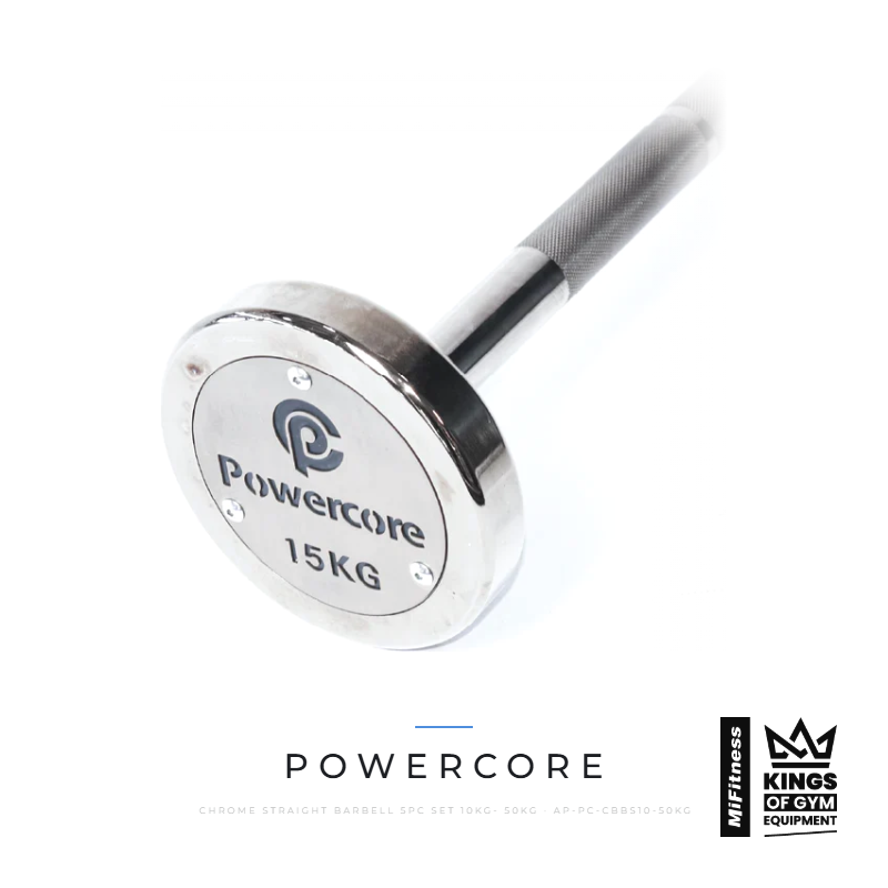 Load image into Gallery viewer, Powercore Chrome Straight Barbell 5pc Set (10kg- 50kg) – MiFitness Kings of Gym Equipment