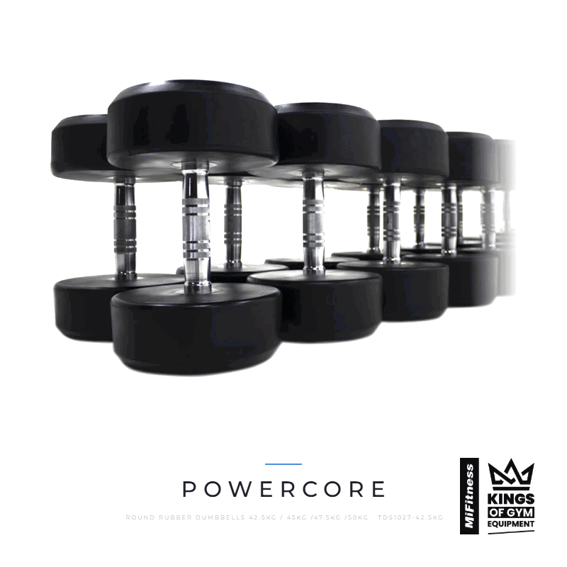Load image into Gallery viewer, Powercore Round Rubber Dumbbells 42.5-50kg β MiFitness Kings of Gym Equipment