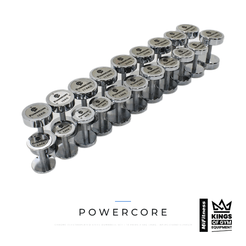 Load image into Gallery viewer, Powercore Chrome Electroplated Steel Dumbbell Set - 10 Pairs (2.5kg -25kg) – MiFitness Kings of Gym Equipment