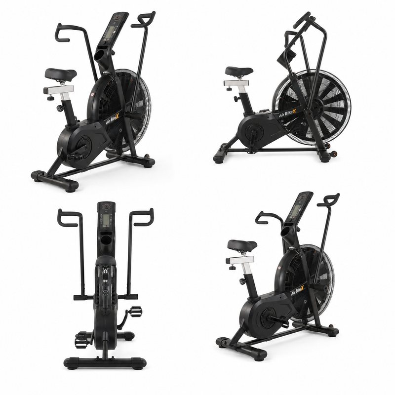 Load image into Gallery viewer, Four angles of a black exercise bike on a white background
