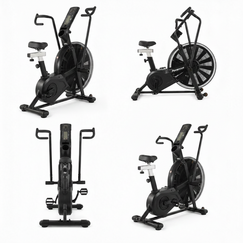 Load image into Gallery viewer, Four angles of a black exercise bike on a white background