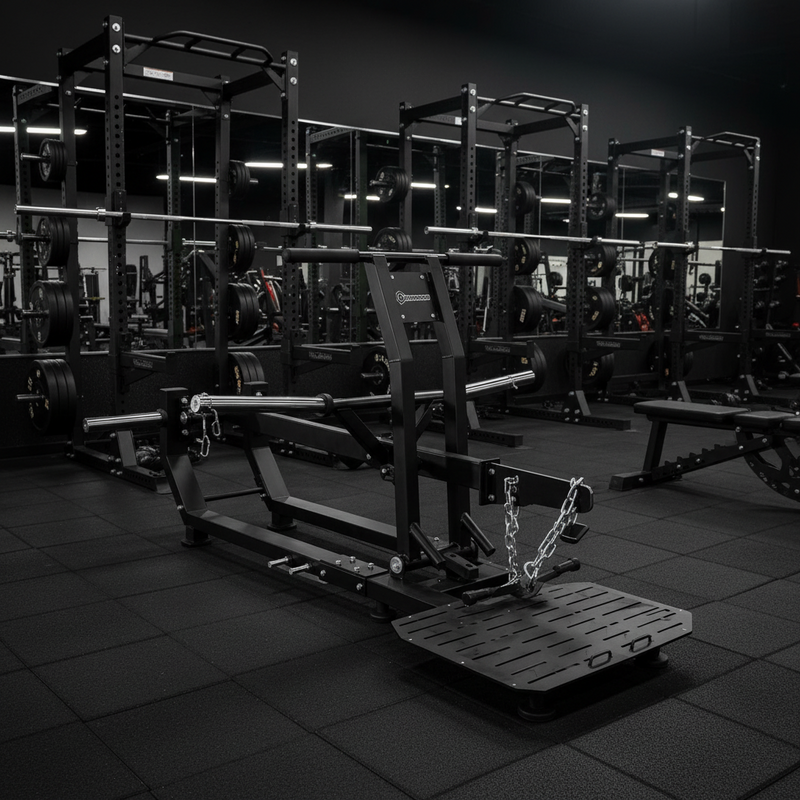 Load image into Gallery viewer, A black metal home gym leg extension machine with a foot platform, safety chains, and a barbell rack, shown on a solid white background.
