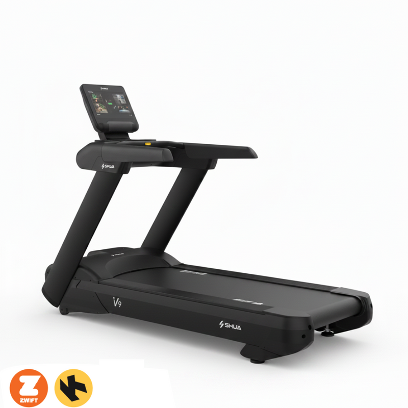 Load image into Gallery viewer, A black SPUA V6 treadmill with an integrated digital display console, shown from a three-quarters angle on a clean white background. Two circular certification logos for ZDTFT and Kinetec are visible in the bottom-left corner.