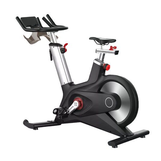 Black and silver exercise bike on a white background