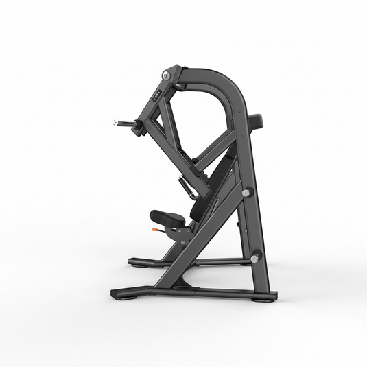 A black and dark gray industrial leg extension exercise machine shown from a side profile view on a solid white background.