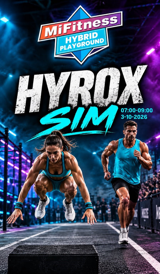 Promotional graphic for MiFitness Hybrid Playground HYROX SIM, featuring two athletic participants in a simulated gym environment with neon lighting and a track. The MiFitness logo is visible at the top, and event details are shown on the right side.