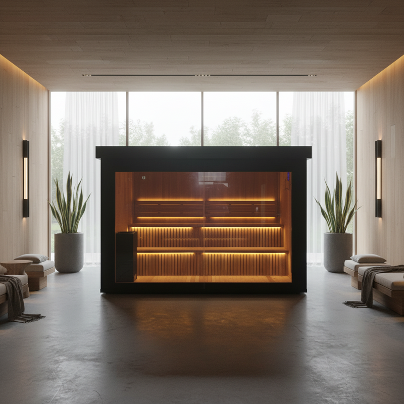 Load image into Gallery viewer, A wooden infrared sauna cabin with a black frame and warm yellow LED lighting inside, shown against a plain white background.
