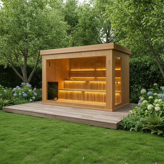 A wooden infrared sauna cabin with a black frame and warm yellow LED lighting inside, shown against a plain white background.
