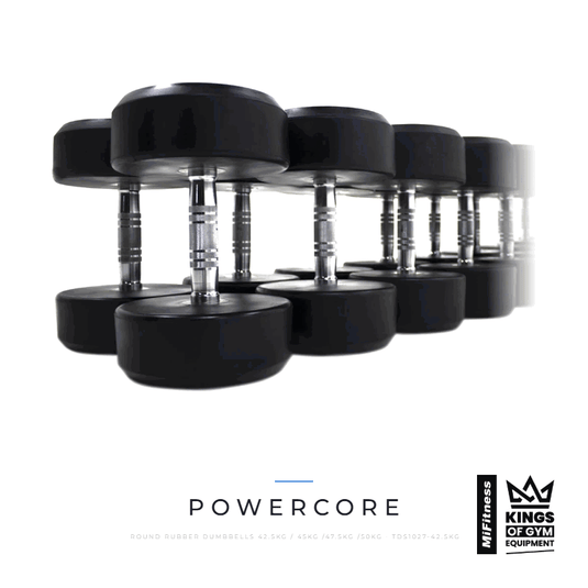 Powercore Round Rubber Dumbbells 42.5-50kg – MiFitness Kings of Gym Equipment