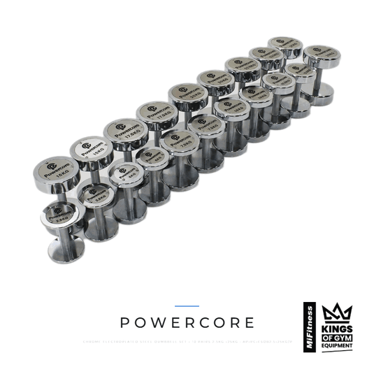 Powercore Chrome Electroplated Steel Dumbbell Set - 10 Pairs (2.5kg -25kg) – MiFitness Kings of Gym Equipment