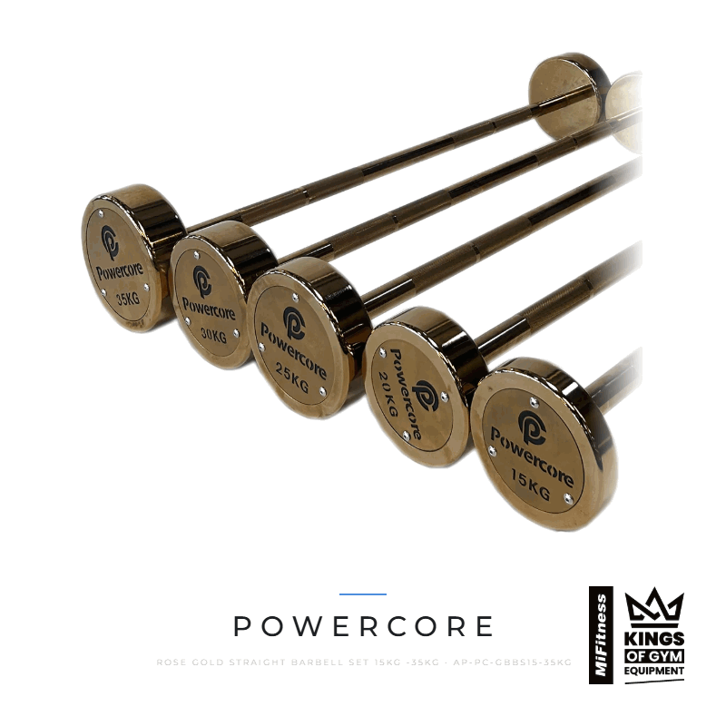 Load image into Gallery viewer, Powercore Rose Gold Straight Barbell Set (15kg -35kg) – MiFitness Kings of Gym Equipment
