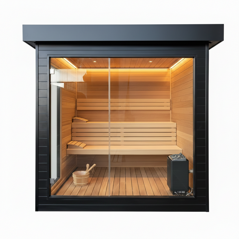 Load image into Gallery viewer, A modern outdoor sauna cabin with a dark charcoal exterior, wood-paneled interior, and a large front glass window showing wooden sauna benches and a bucket.
