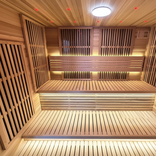 A wooden sauna interior with tiered slatted seating, wall panels, and warm ambient lighting.