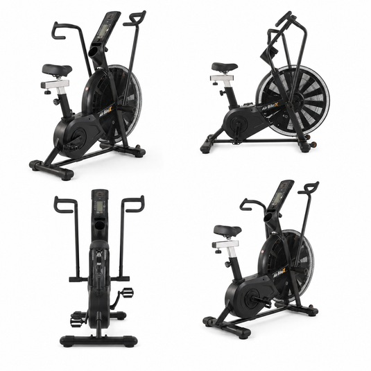 Four angles of a black exercise bike on a white background