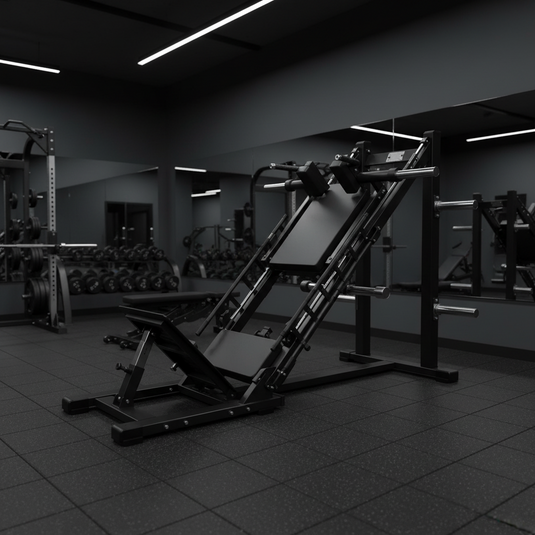 A black adjustable leg extension gym machine with silver metal guide rods and a white brand label on the upper frame, photographed on a solid white background.