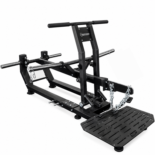 A black metal home gym leg extension machine with a foot platform, safety chains, and a barbell rack, shown on a solid white background.