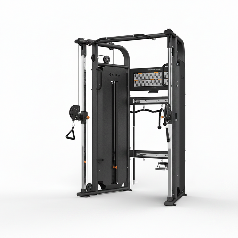 Load image into Gallery viewer, A black and silver multi-functional cable pulley gym machine with a backrest, pull-up bar, and various attachment handles, shown on a solid white background.

