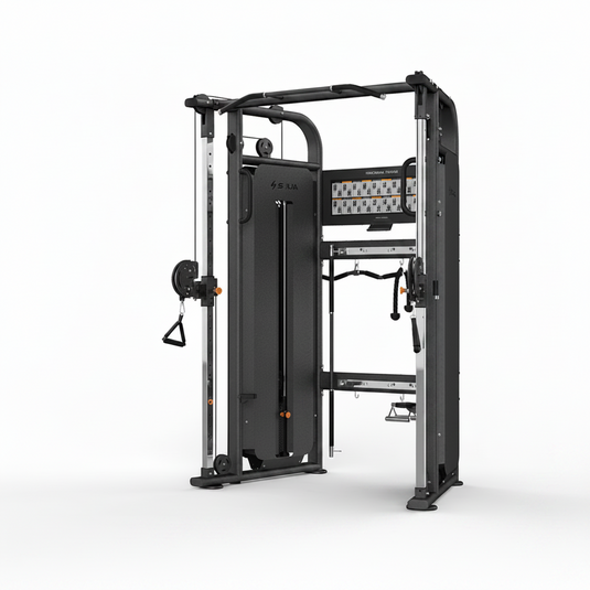 A black and silver multi-functional cable pulley gym machine with a backrest, pull-up bar, and various attachment handles, shown on a solid white background.