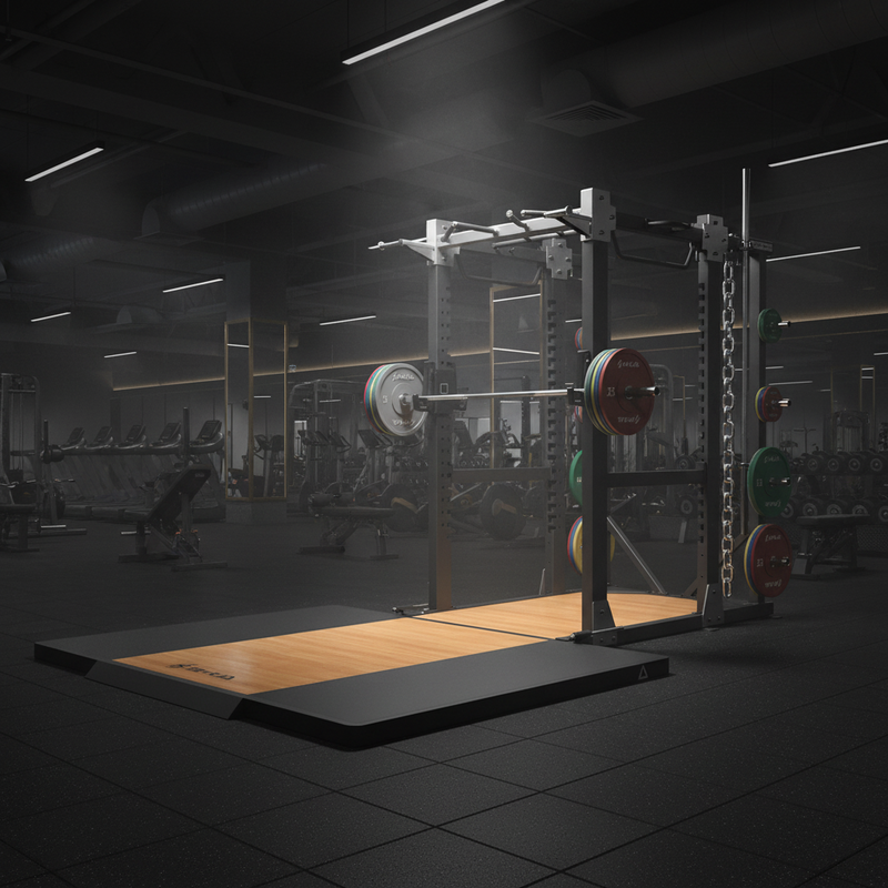Load image into Gallery viewer, A power rack with a weight bench attachment and attached platform, shown on a clean white background. The rack has a black frame with orange wood-look flooring panels, and is shown with weight plates in red, green, and black.
