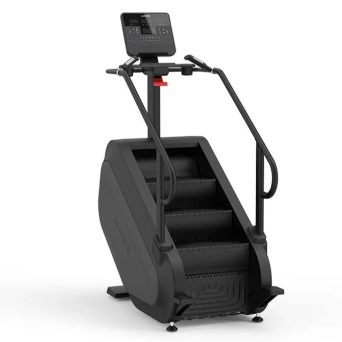 Black step machine with digital display on a white background