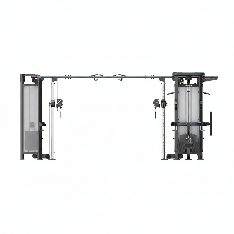Load image into Gallery viewer, A dual cable pulley system gym machine with a black metal frame, featuring two weight stacks, a horizontal overhead bar, and pulleys on a solid white background.
