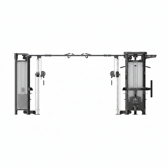 A dual cable pulley system gym machine with a black metal frame, featuring two weight stacks, a horizontal overhead bar, and pulleys on a solid white background.