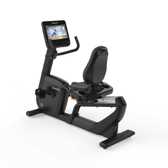 Recumbent exercise bike with a screen on a white background