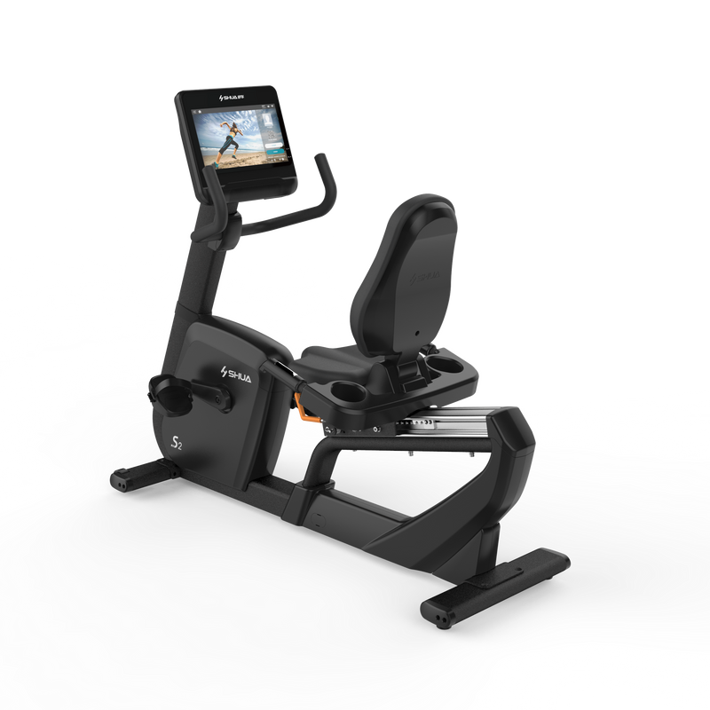 Load image into Gallery viewer, Recumbent exercise bike with a screen on a white background
