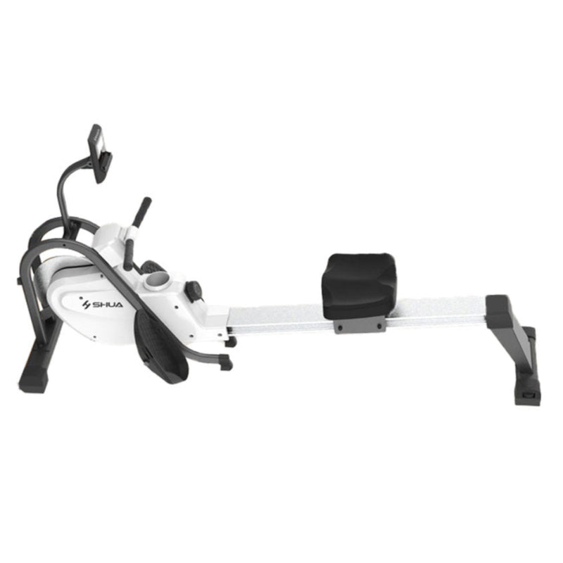 Load image into Gallery viewer, White rowing machine with black accents on a white background
