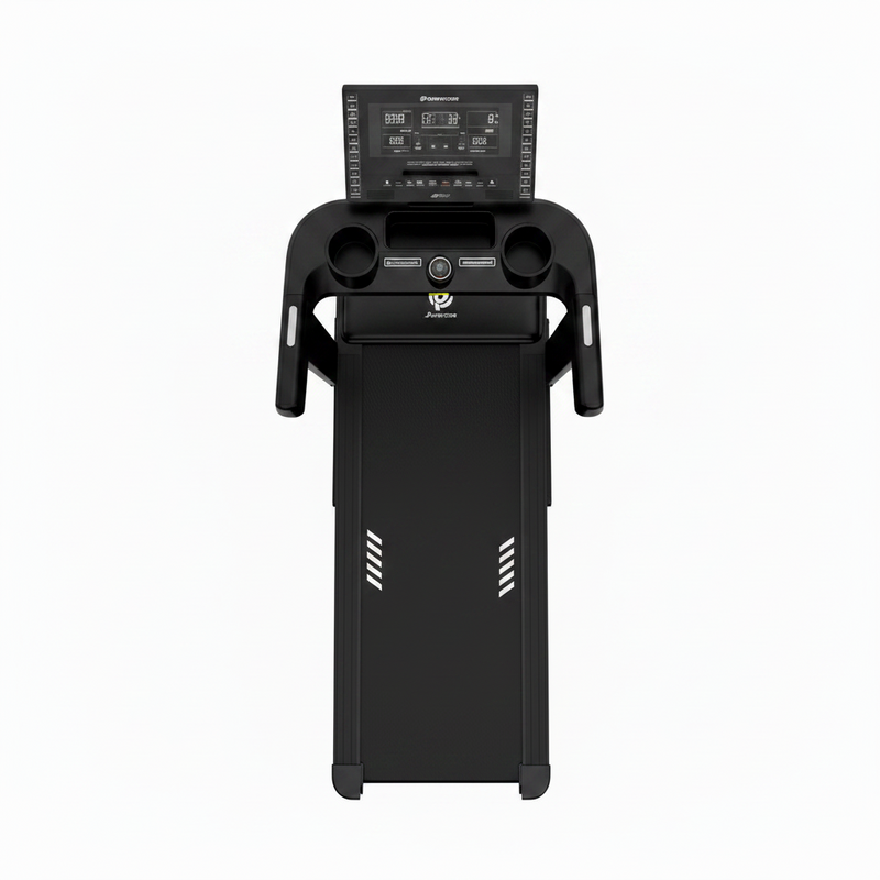 Load image into Gallery viewer, A black indoor treadmill with an integrated digital display screen on the handlebar, photographed from a three-quarters angle against a solid white background.
