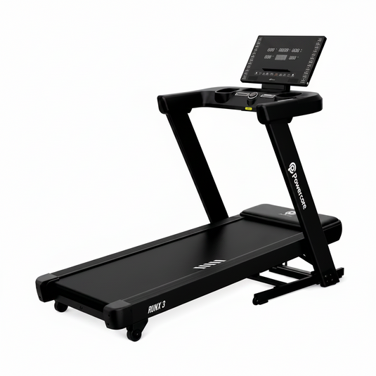 A black indoor treadmill with an integrated digital display screen on the handlebar, photographed from a three-quarters angle against a solid white background.