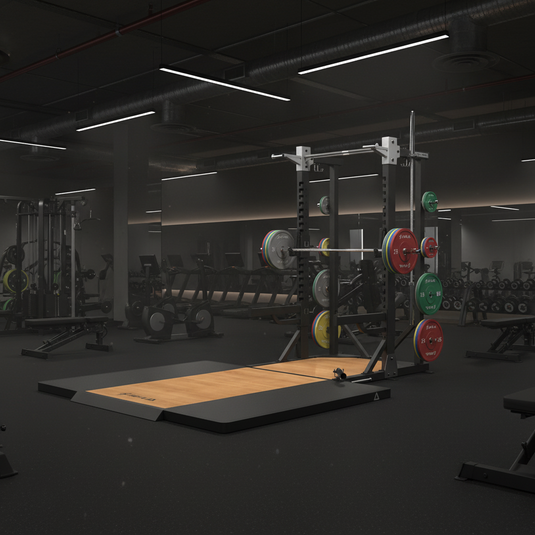 A power rack with a pull-up bar and attached weight platform, shown on a clean white background. The rack is primarily black and silver steel, with a wood-grain orange-brown platform and colorful weight plates in red, green, and gray.