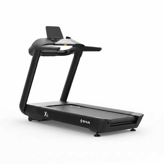 A black X6 treadmill by SIA-LA, shown from a three-quarters angle on a clean, light gray studio background.
